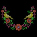 Embroidery with dove bird, wild flowers wreath for neckline. Vector fashion ornament on black background for fabric traditional f