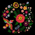 Embroidery ethnic colorful pattern with bird and fantasy flowers