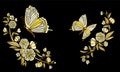 Embroidery ethnic flowers and butterfly, line design fashion wearing. Vector vintage , decorative element for embroidery