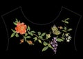 Embroidery ethnic neck line pattern with red peony, wisteria and