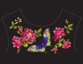 Embroidery ethnic neck line pattern with wild roses and butterfl