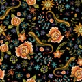 Embroidery ethnic seamless pattern with lizards and flowers. Vector embroidered floral design.