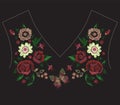 Embroidery exotic neck line pattern with simplified flowers and