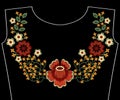 Embroidery fashion patch for neckline with flowers, berries, plants pattern for woman apparel decoration.