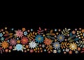 Embroidery floral border. Seamless pattern with colorful flowers, leaves and berries on dark background Royalty Free Stock Photo
