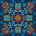 Embroidery floral pattern, decorative ornament for textile, pillow or bandana decor. Bohemian handmade style background