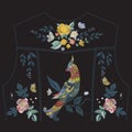 Embroidery floral pattern with parrot for jeans jacket back.