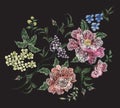 Embroidery floral pattern with rose, lilac and violets.