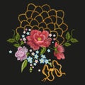 Embroidery floral pattern with roses, forget-me-not flowers. Royalty Free Stock Photo