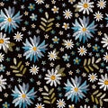 Embroidery floral seamless pattern. Beautiful blue and white cornflowers, daisies and forget me not flowers on black background. Royalty Free Stock Photo