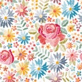 Embroidery floral seamless pattern with different beautiful flowers on white background. Colorful embroidered print Royalty Free Stock Photo