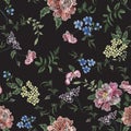 Embroidery floral seamless pattern with rose branch, violets. Royalty Free Stock Photo
