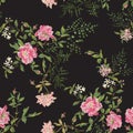 Embroidery floral seamless pattern with wild roses and lilac.