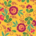 Embroidery floral seamless pattern on yellow background Royalty Free Stock Photo