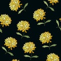 Embroidery. Floral seamless pattern with yellow chrysanthemum flowers on black background. Embroidered print for fabric