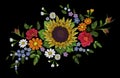 Embroidery flower bouquet sunflower dog rose briar daisy forget-me-not gerbera. Blooming field plant arrangement