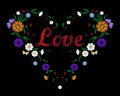 Embroidery flower heart with lettering word Love Valentine Day