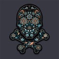 Embroidery flower skull for fashion textile and fabric. Vector vintage floral ornament on dark background. Muertos Dead