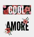 Embroidery flowers. Cool Amore slogan. Classical embroidery lotus and white, pink and yellow water lilies, template