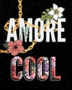 Embroidery flowers. Cool Amore slogan. Classical embroidery lotus and white, pink and yellow water lilies, template