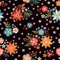 Embroidery flowers. Ditsy seamless pattern. Bright embroidered floral print. Design for fabric, textile, wrapping paper Royalty Free Stock Photo