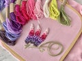 embroidery of flowers in French knot technic, canvas