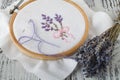 Embroidery Flowers. Sewing accessories. Canvas, hoop, thread mouline. Needlework. Hand embroidery Royalty Free Stock Photo