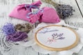 Embroidery Flowers. Sewing accessories. Canvas, hoop, thread mouline. Needlework. Hand embroidery Royalty Free Stock Photo