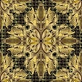 Embroidery gold 3d Baroque seamless pattern. Vector grid textured  background. Tapestry vintage floral  ornament. Baroque Royalty Free Stock Photo