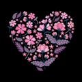 Embroidery heart pattern with beautiful pink flowers. Floral composition for Valentines day on black background. Vector