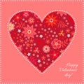 Embroidery heart pattern with bright red flowers. Greeting card for Valentine day. Vector illustration