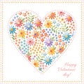 Embroidery heart pattern with colorful flowers. Beautiful card for Valentine day. Vector illustration