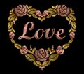 Embroidery heart of roses leaf gold bright word love