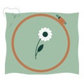 Embroidery hoop with fabric and flower embroidered on it. Tools for hobbies and crafts. Flat style. Vector.