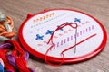 Embroidery hoop with fabric, needle and colorful floss set on wooden table, closeup Royalty Free Stock Photo