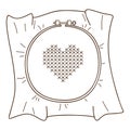 Embroidery on the hoop. A heart embroidered with a cross. Needlework. Design element with outline. Doodle, hand-drawn. Black white Royalty Free Stock Photo