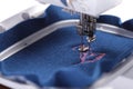 embroidery hoop of a sewing machine with boiled wool in trendy classic blue on which a light pink magnolia embroidery is stitched