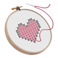 Embroidery hoops. Cross-stitch. Red with a gray heart, embroidered with a cross. Needle and thread. Cross-stitch and smooth Royalty Free Stock Photo