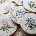 Embroidery hoops with floral designs and threads Royalty Free Stock Photo