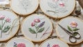 Embroidery hoops with floral designs and tools Royalty Free Stock Photo