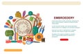 Embroidery hoops, threads and needles. Embroidery web banner template or landing page. Vector illustration