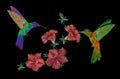 Embroidery klobri birds fly over petunias flowers