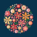 Embroidery lily and garden flowers. Colorful pattern on dark blue background. Floral ornament in the form of a rosette Royalty Free Stock Photo