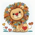 Embroidery little cute lion with colorful ornamental mane and love hearts. Tapestry vector white background illustration with