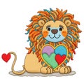 Embroidery little cute lion with colorful ornamental mane and love hearts. Tapestry vector white background illustration with