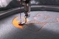 Embroidery with embroidery machine - fox theme - detail of beginning Royalty Free Stock Photo