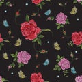 Embroidery native floral seamless pattern with roses and butterf