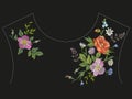 Embroidery neck line floral pattern with roses, chamomiles and c