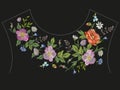 Embroidery neck line floral pattern with roses, chamomiles and c