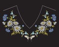 Embroidery neckline floral pattern with chamomiles, cornflowers and butterfly.